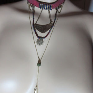 SUEDE CHOKER NECKLACE LAPIS GOLD BEADS CHAINS